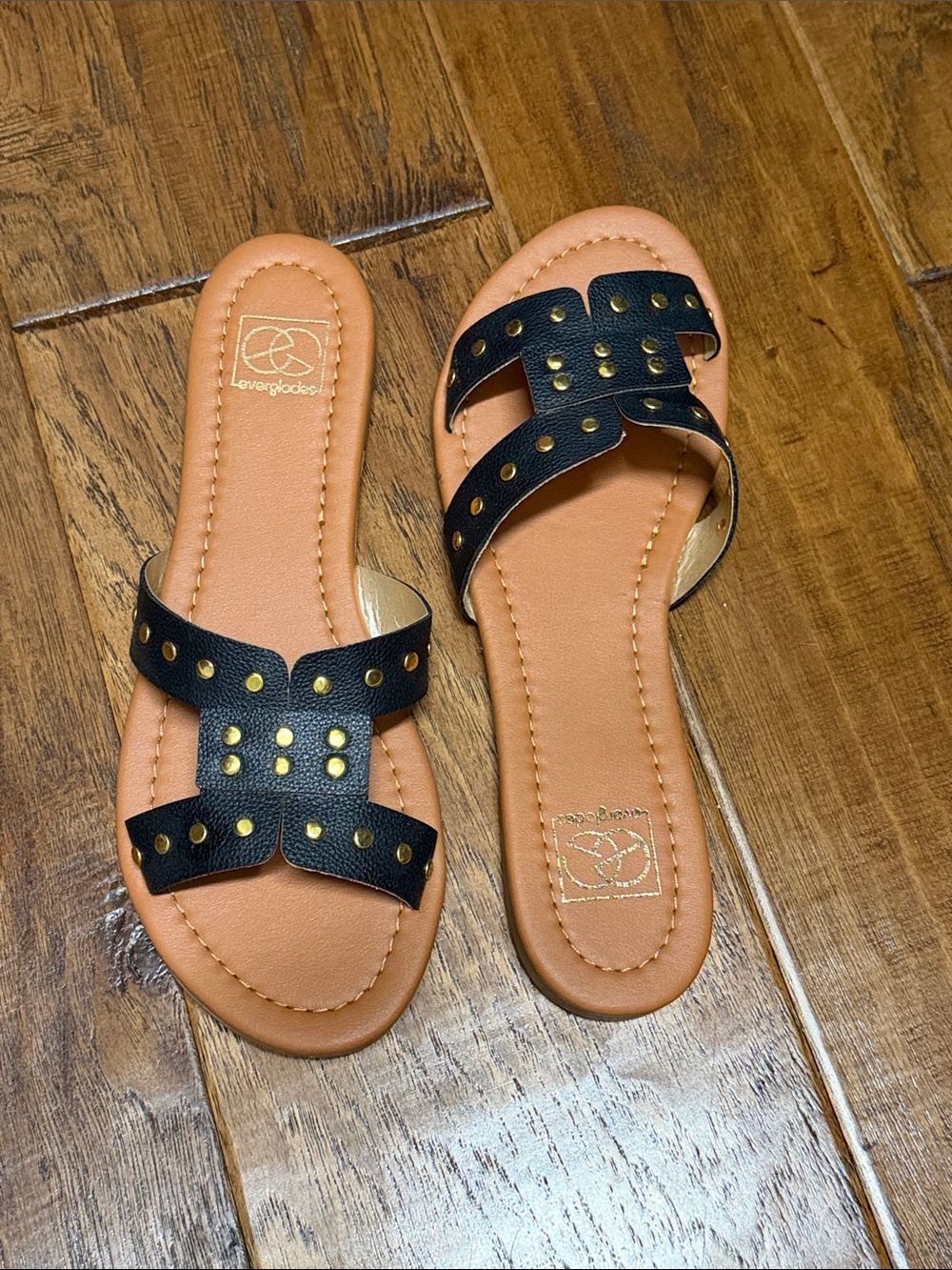 Black Studded Slide Sandals with Tan Footbed by Leverglides